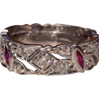 The Durack:  Ladies Antique Platinum Filigree Eternity Band set with Diamonds and Rubies