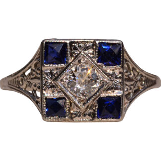 SOLD - Ladies Antique Engagement Ring in 18K with Old Mine Cut Diamond and Sapphire Accents