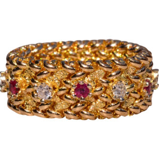 The Tangorin:  Ladies 14K Flexible Basket Woven Eternity Band with Rubies and Diamonds