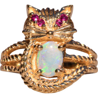 SOLD - The El Gato:  Yellow Gold Cat Ring with Opal and Rubies