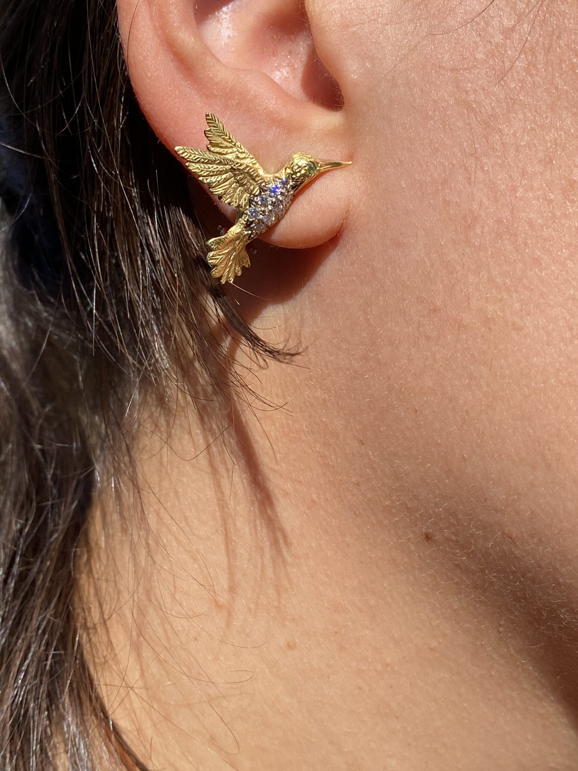 SOLD - The 18th Street: Mid Century Hummingbird Earrings in Yellow Gold - Image 7