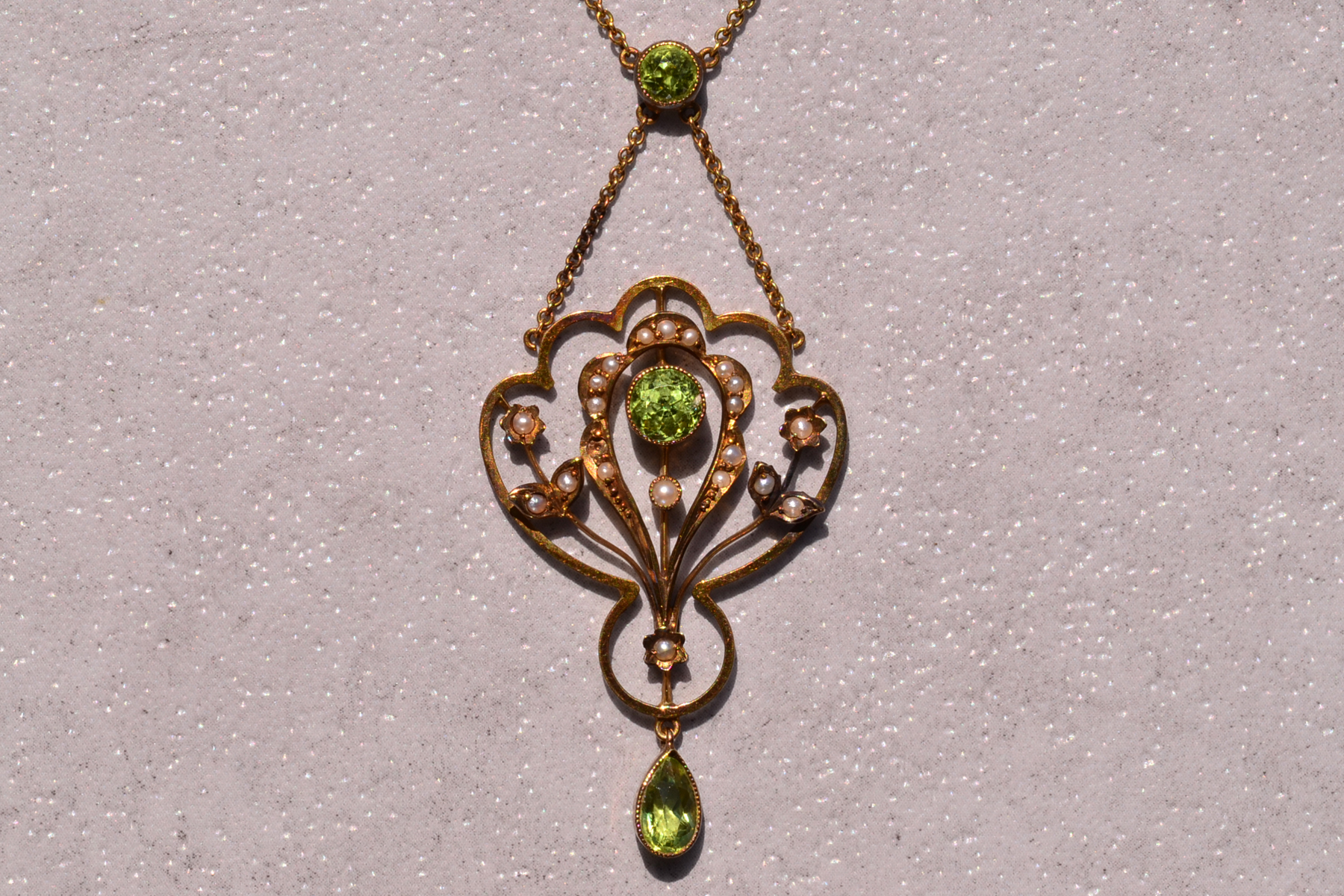 SOLD - The 62nd Street: Art Nouveau Necklace Set with Peridot and Seed Pearl - Image 2