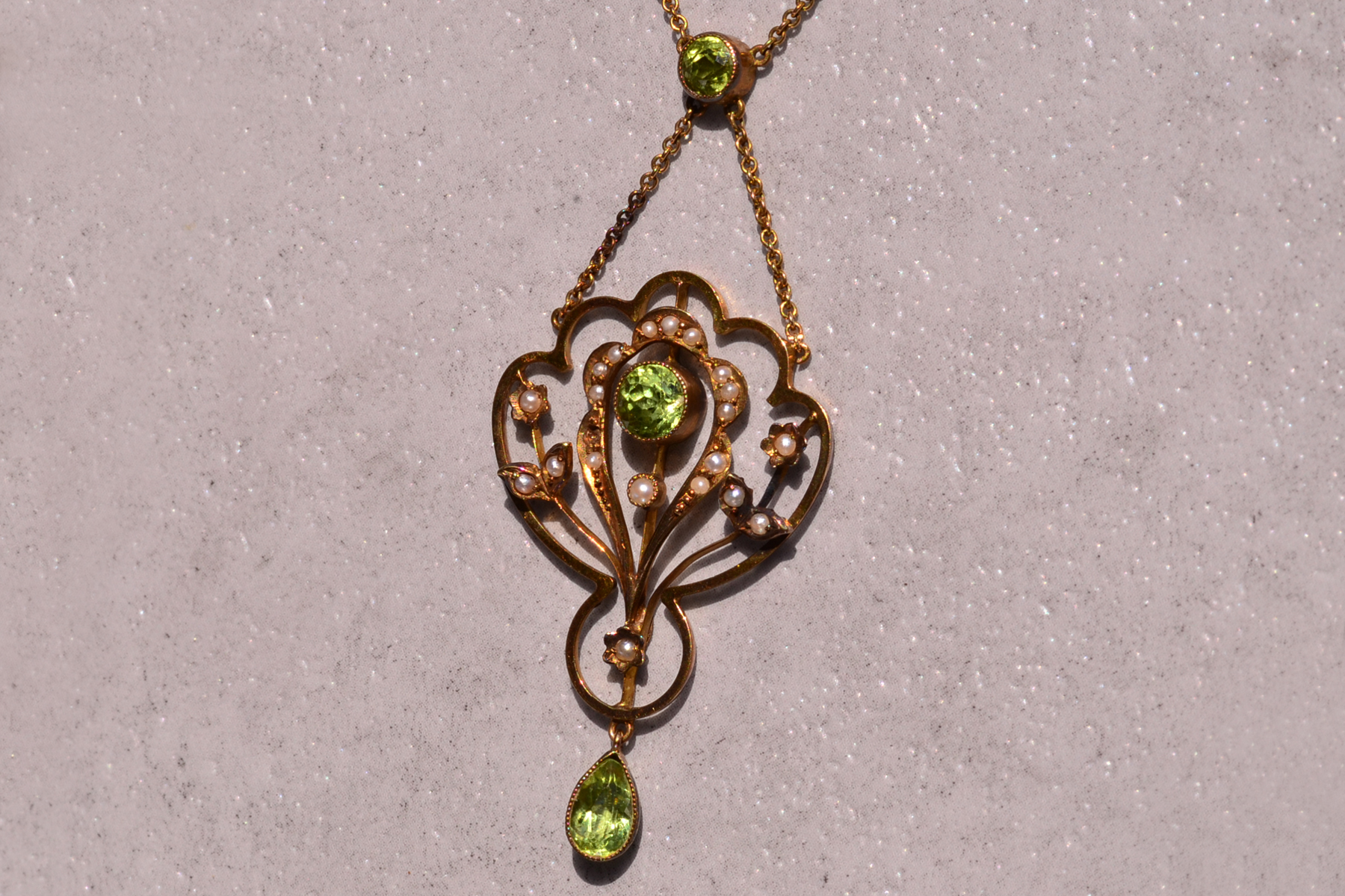 SOLD - The 62nd Street: Art Nouveau Necklace Set with Peridot and Seed Pearl - Image 3