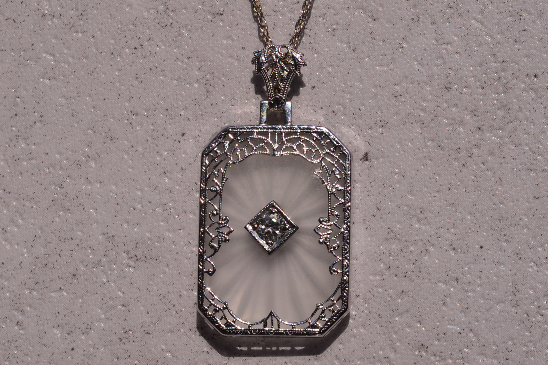 SOLD - The 106th Street: Antique Art Deco Filigree Camphor Glass Pendant with Diamond - Image 2