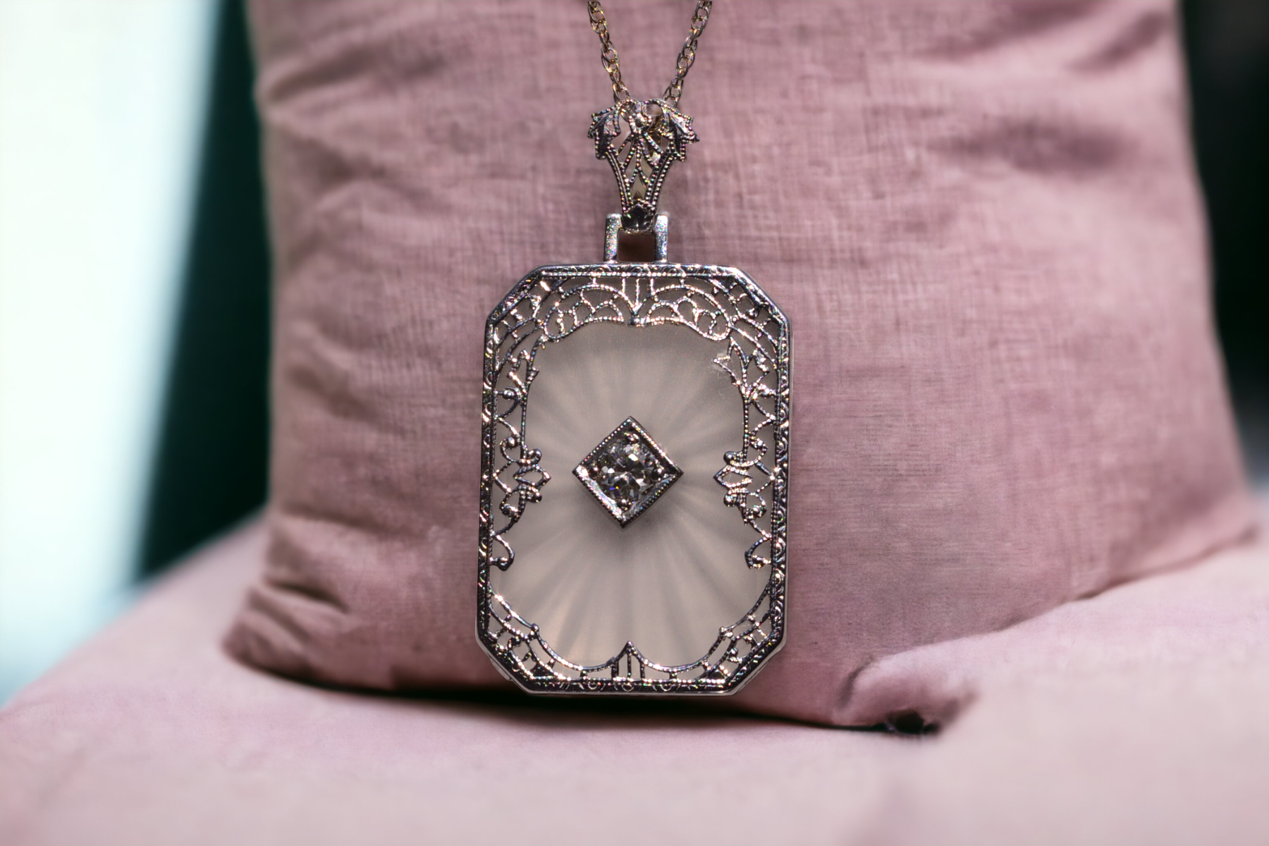 SOLD - The 106th Street: Antique Art Deco Filigree Camphor Glass Pendant with Diamond - Image 5