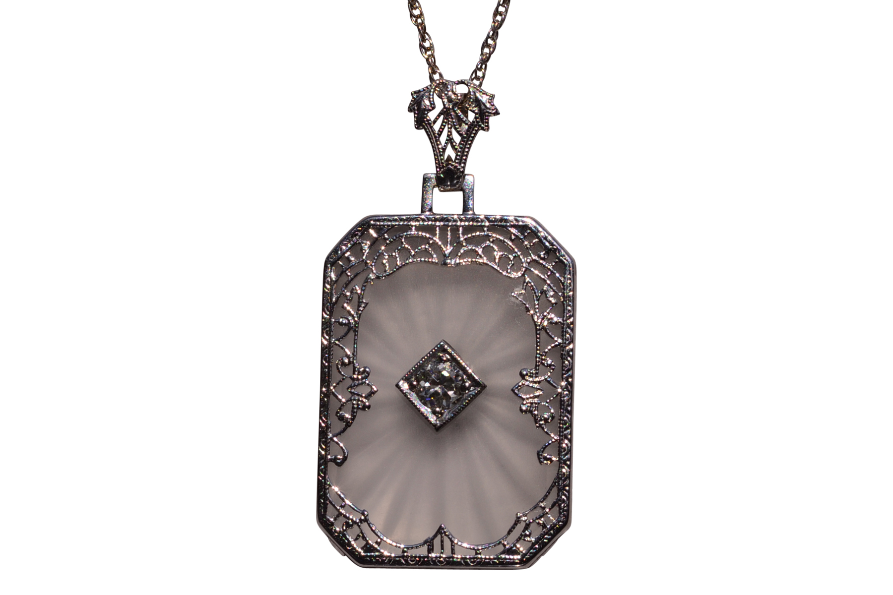 SOLD - The 106th Street: Antique Art Deco Filigree Camphor Glass Pendant with Diamond