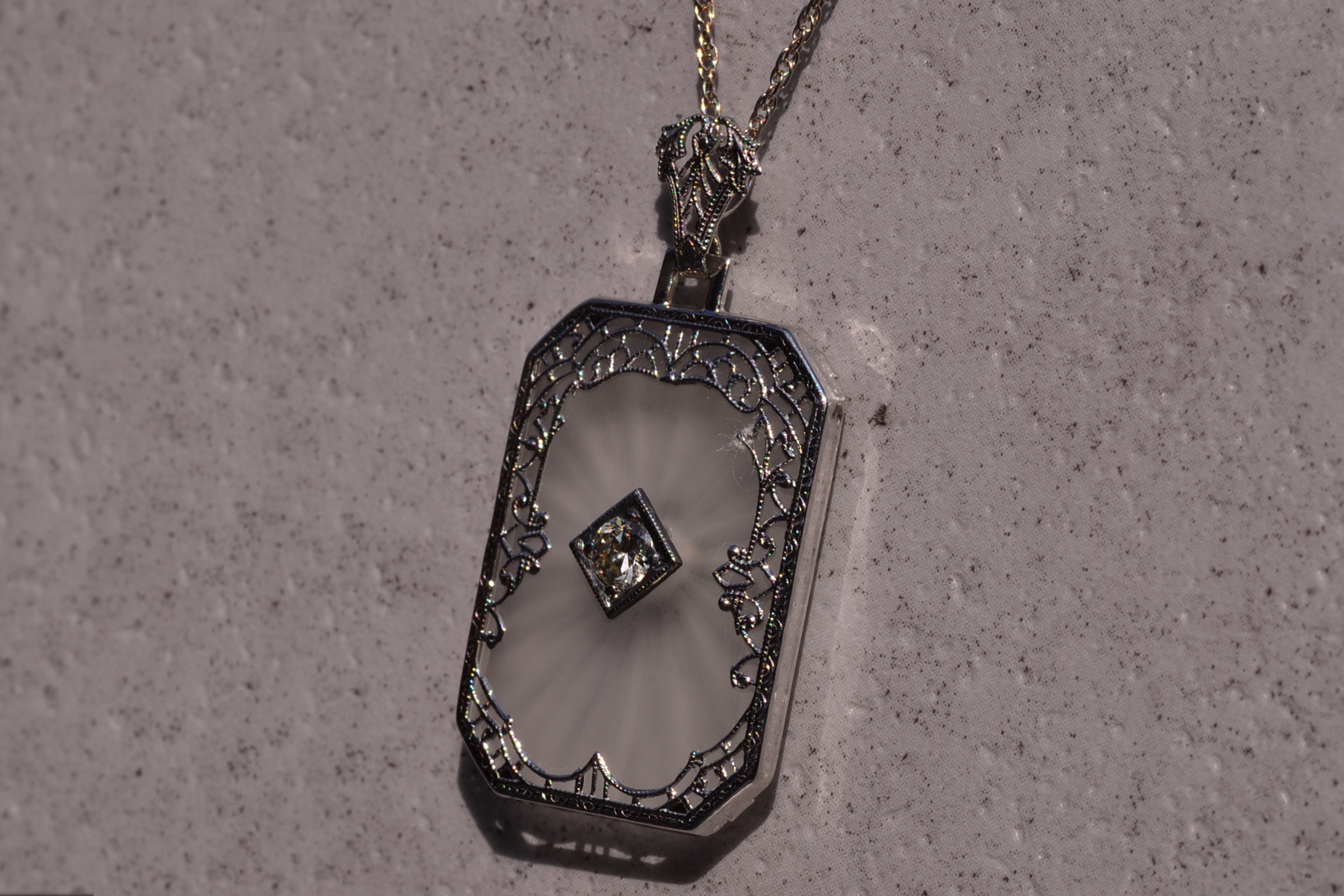 SOLD - The 106th Street: Antique Art Deco Filigree Camphor Glass Pendant with Diamond - Image 3