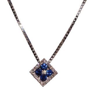 The 135th Street:  Sapphire and Diamond Halo Necklace in White Gold