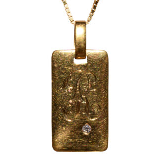 SOLD - The 136th Street: Antique Signed and Hand Engrave R Pendant with Diamond in Yellow Gold