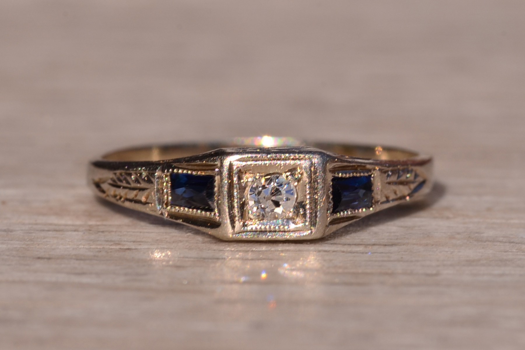 SOLD - The 154th Street: Antique Art Deco Diamond and Sapphire Ring in White Gold - Image 2