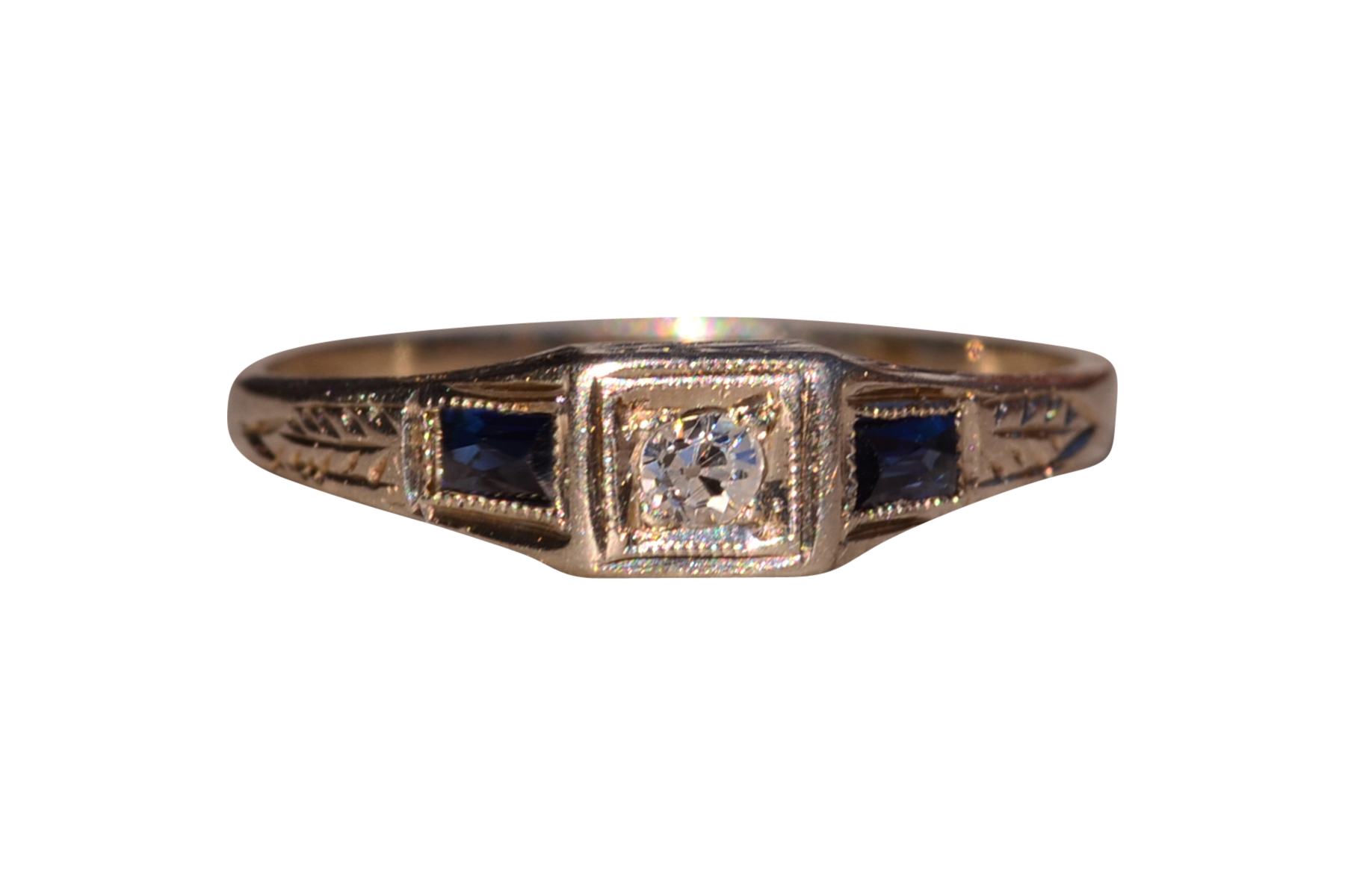 SOLD - The 154th Street: Antique Art Deco Diamond and Sapphire Ring in White Gold