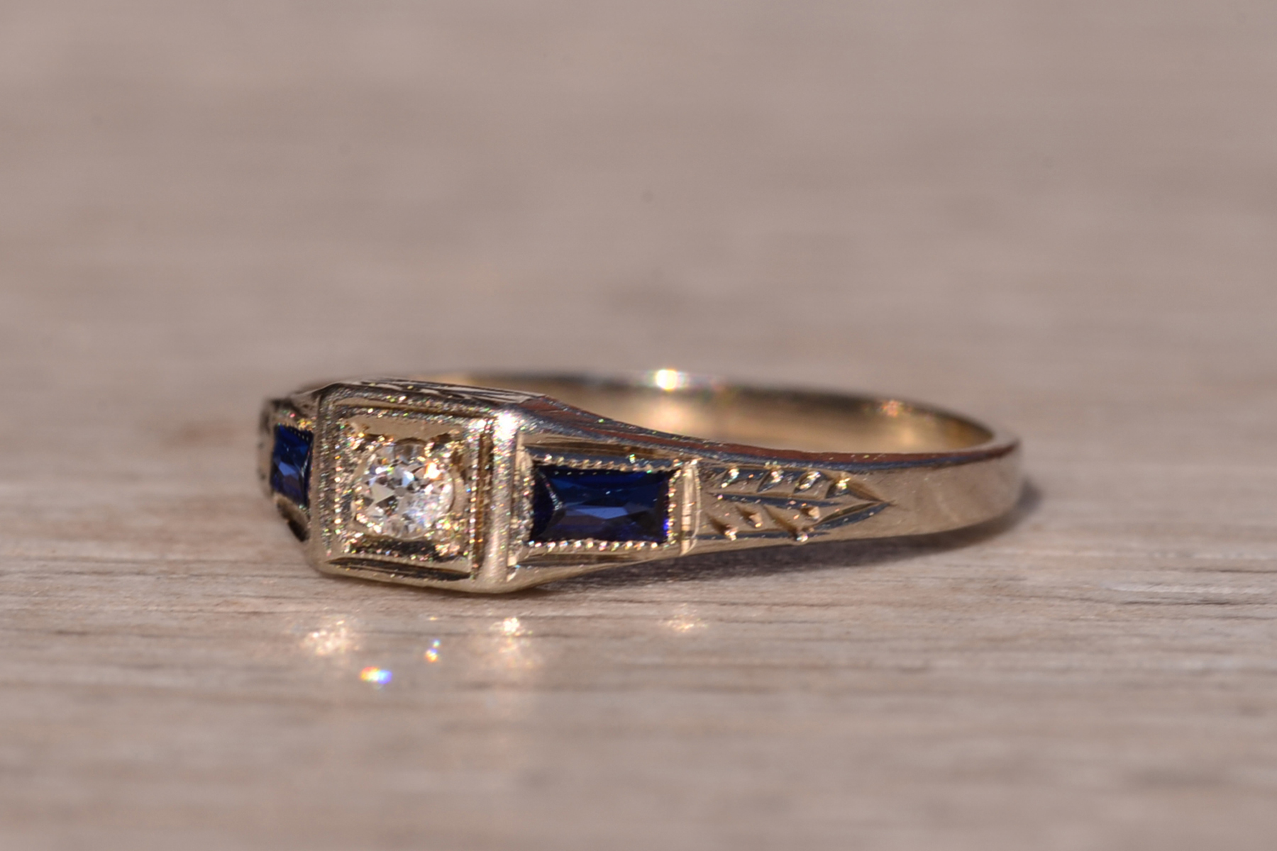 SOLD - The 154th Street: Antique Art Deco Diamond and Sapphire Ring in White Gold - Image 3