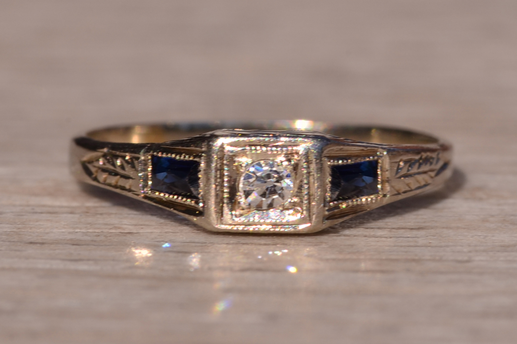 SOLD - The 154th Street: Antique Art Deco Diamond and Sapphire Ring in White Gold - Image 7