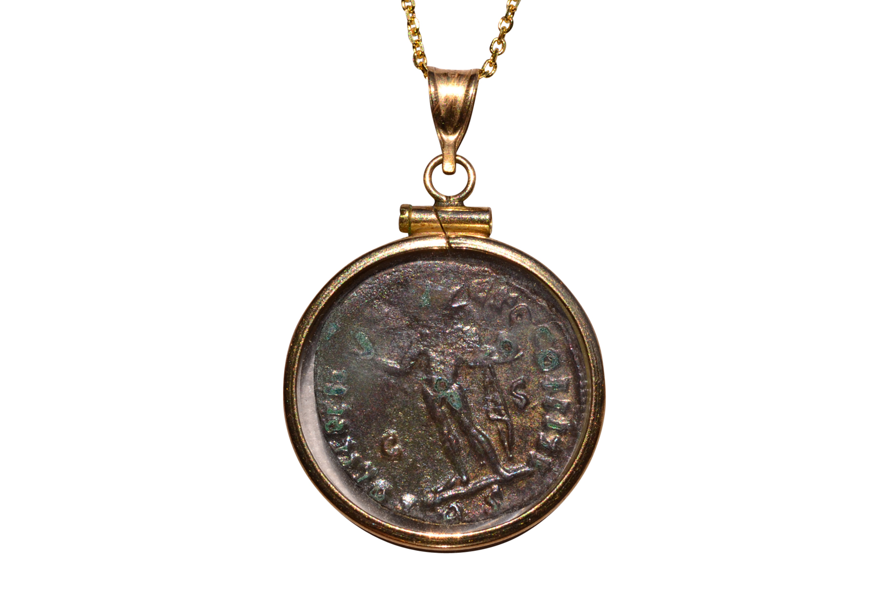 SOLD - The 149th Street: Ancient Coin Pendant in Encapsulated in Glass and Yellow Gold Frame