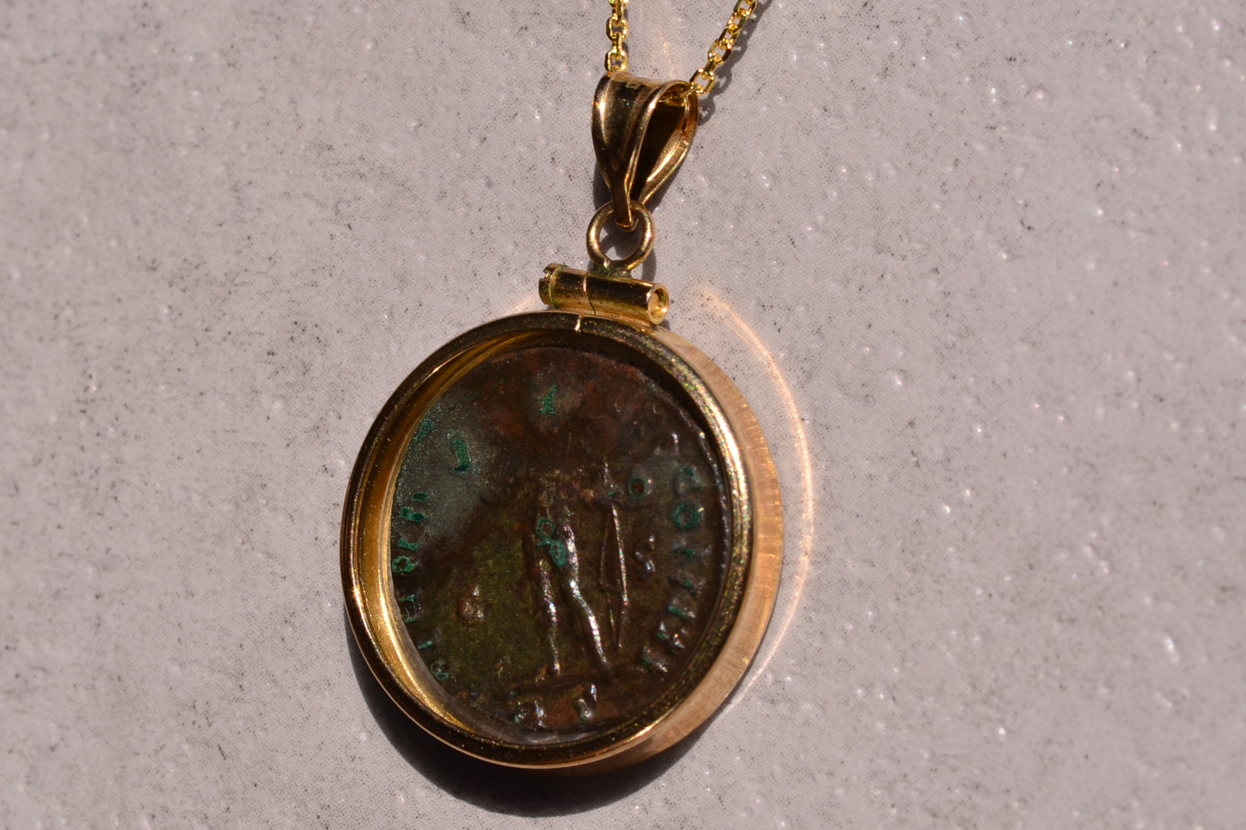 SOLD - The 149th Street: Ancient Coin Pendant in Encapsulated in Glass and Yellow Gold Frame - Image 4