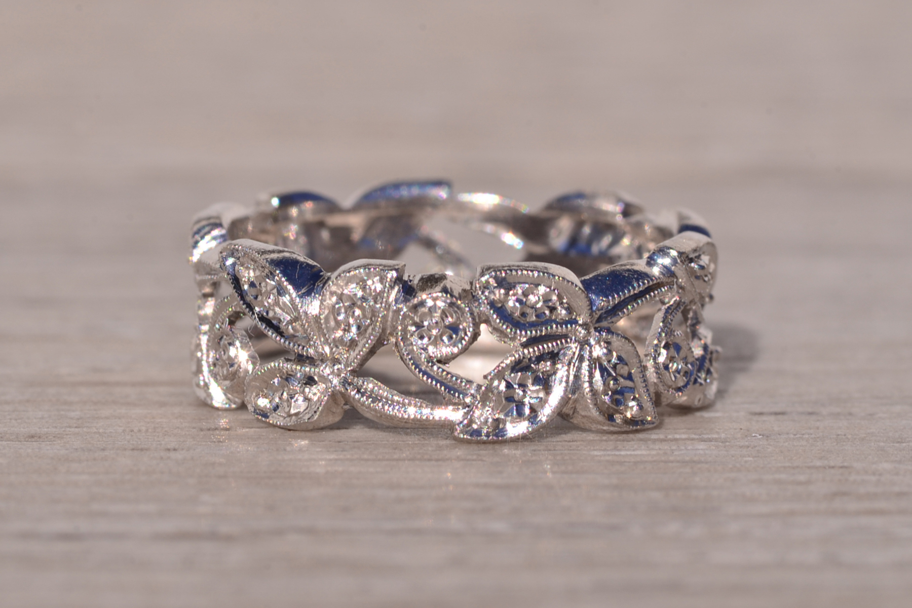 SOLD - The Bastide: Antique Foliage Eternity Filigree Band in Platinum - Image 3
