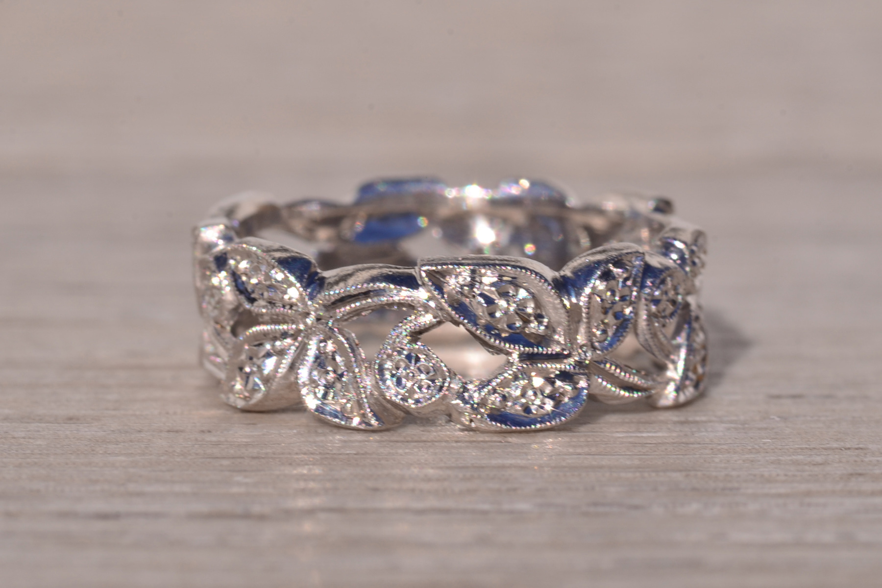 SOLD - The Bastide: Antique Foliage Eternity Filigree Band in Platinum - Image 5