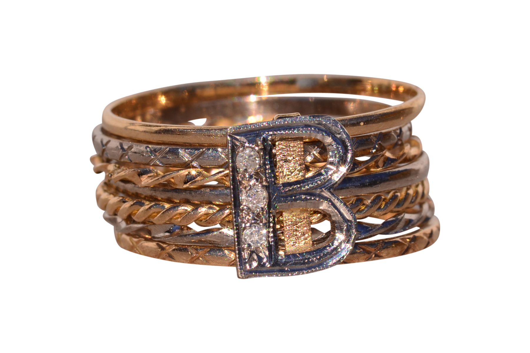 The Big B: Antique Two Tone B Ring with Natural Diamonds
