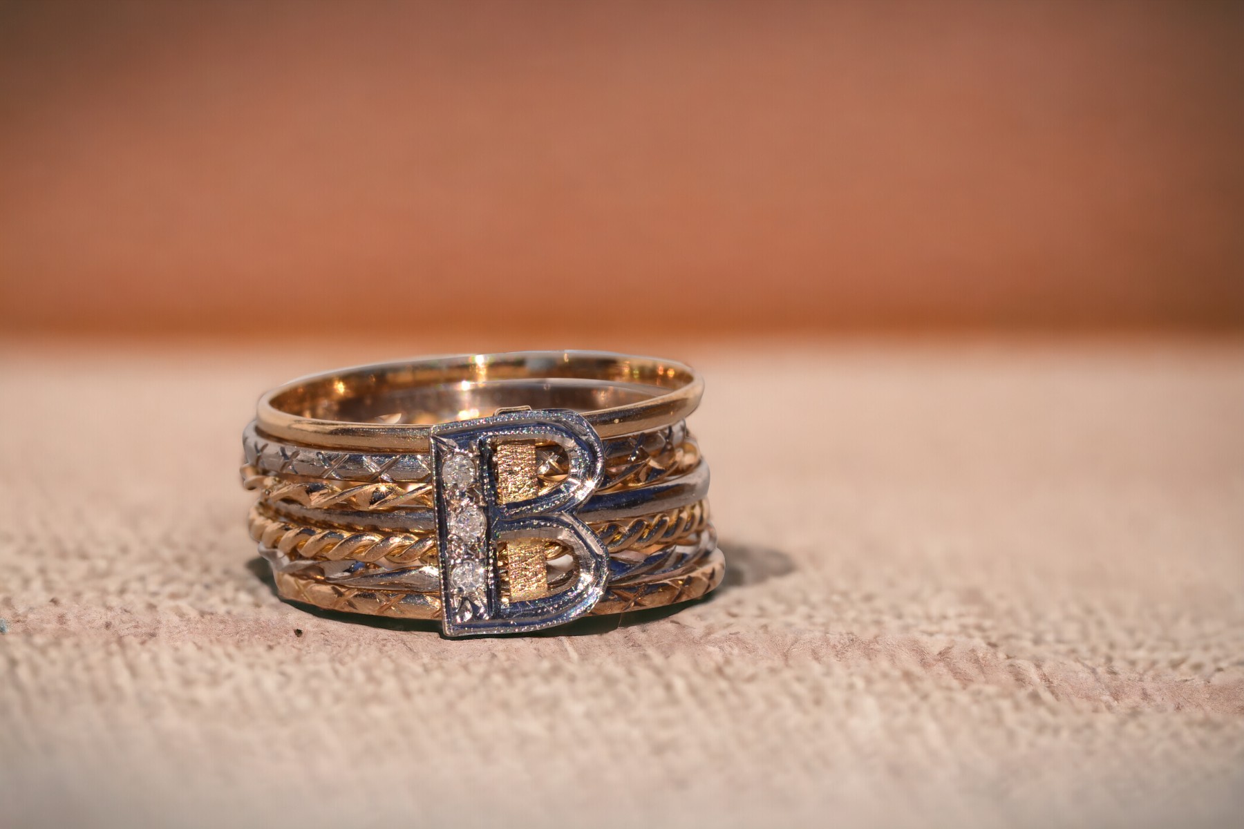The Big B: Antique Two Tone B Ring with Natural Diamonds - Image 11