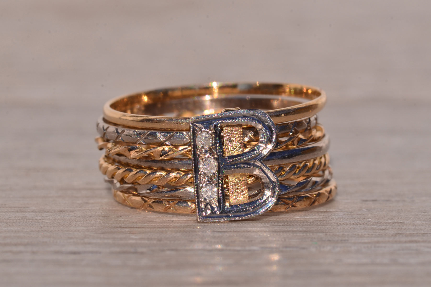 The Big B: Antique Two Tone B Ring with Natural Diamonds - Image 2