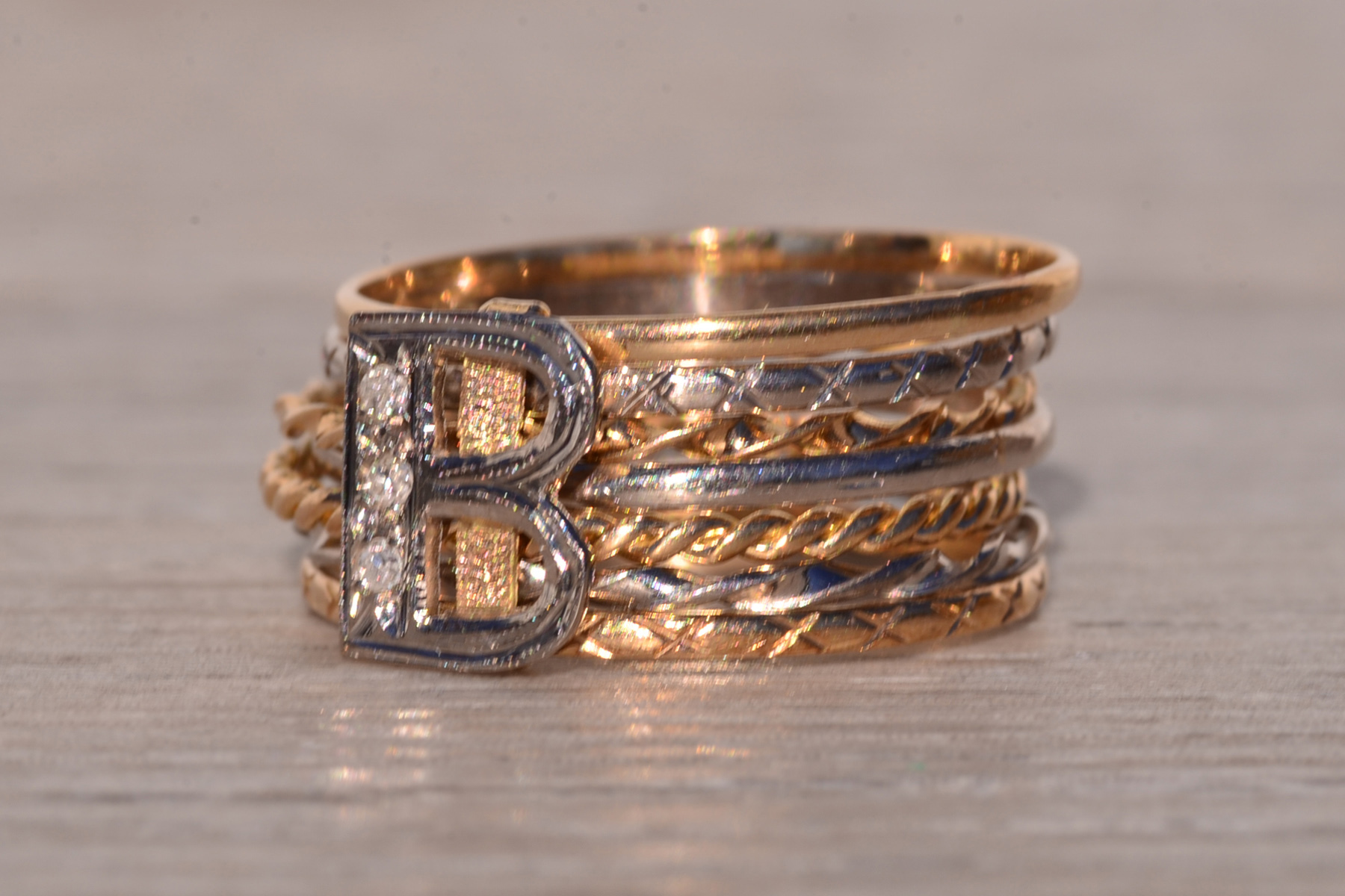 The Big B: Antique Two Tone B Ring with Natural Diamonds - Image 3