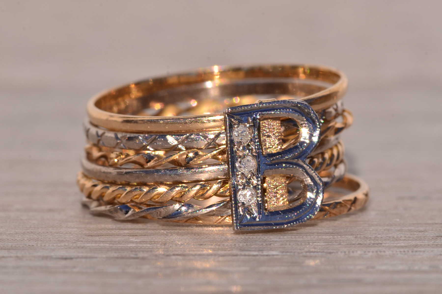 The Big B: Antique Two Tone B Ring with Natural Diamonds - Image 6