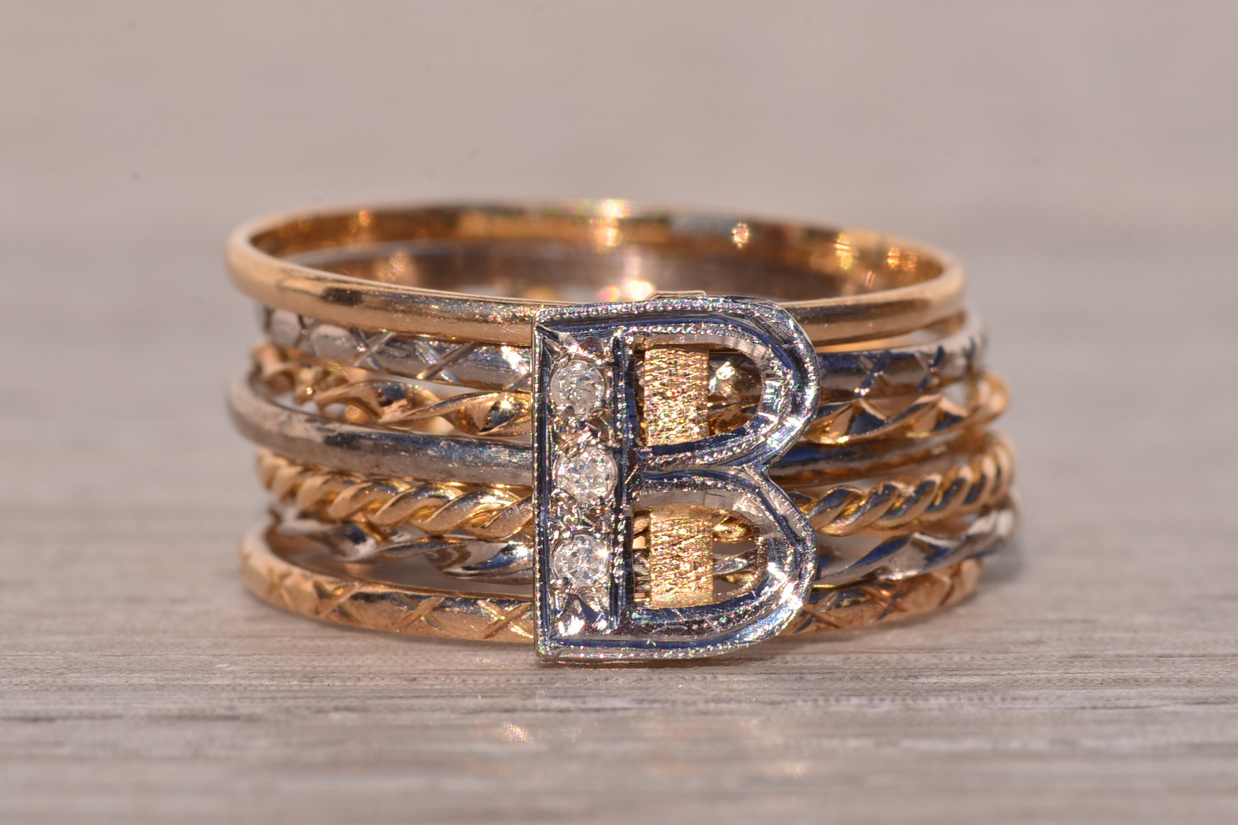 The Big B: Antique Two Tone B Ring with Natural Diamonds - Image 7