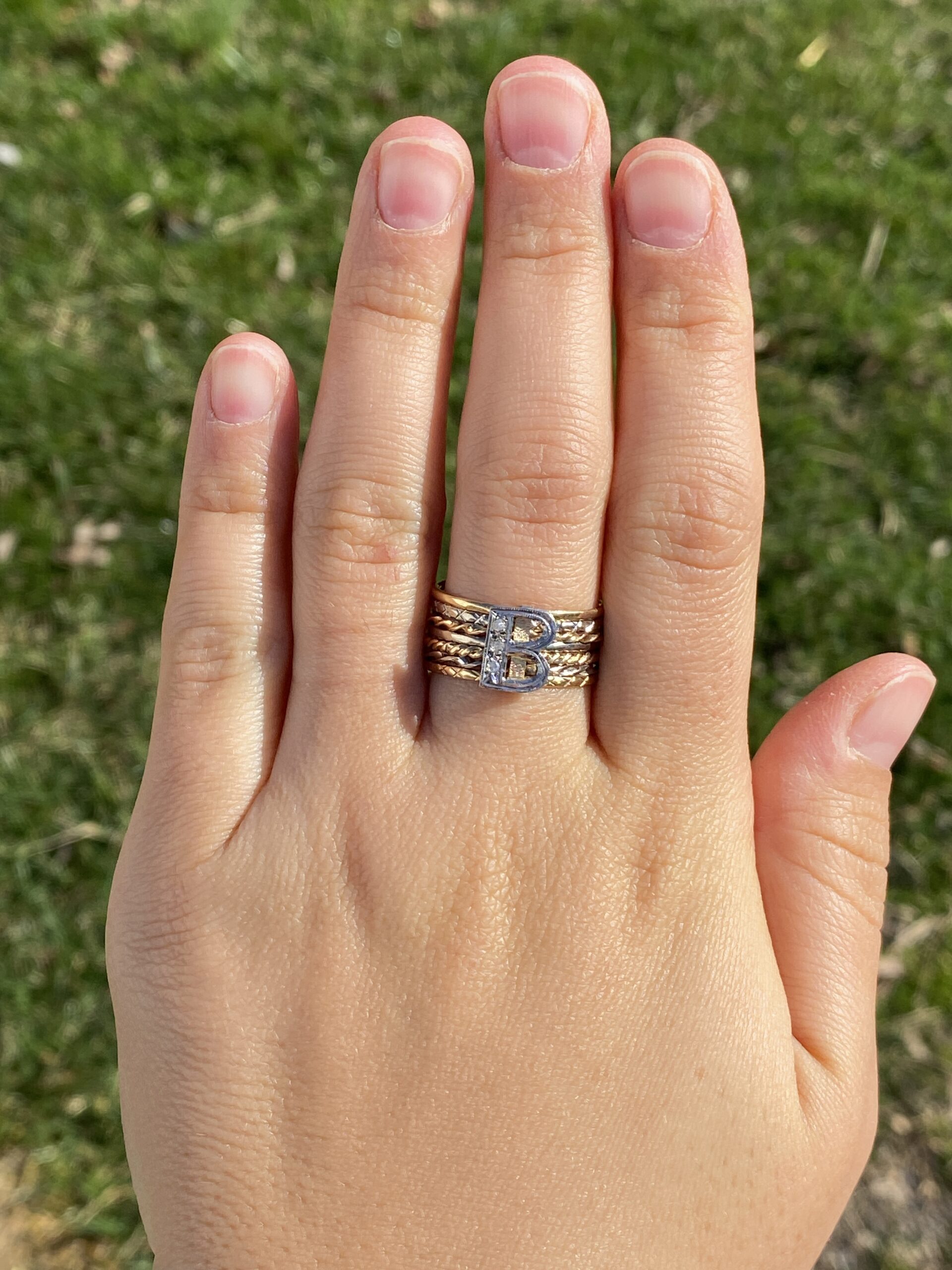 The Big B: Antique Two Tone B Ring with Natural Diamonds - Image 8