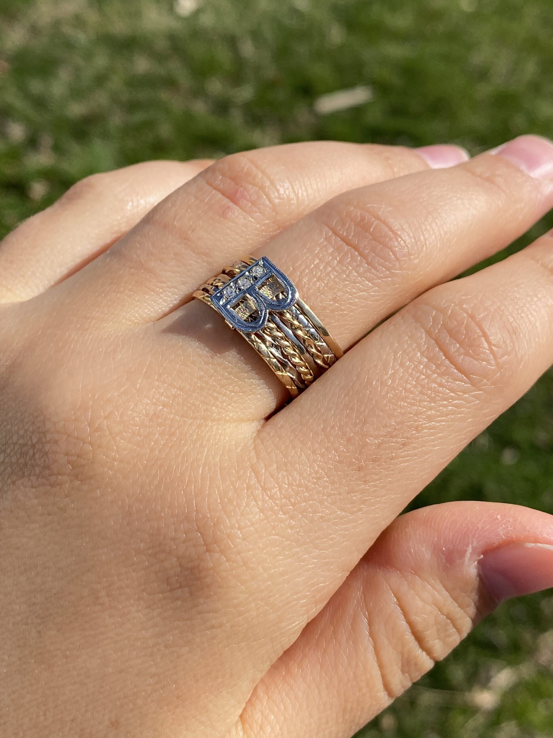 The Big B: Antique Two Tone B Ring with Natural Diamonds - Image 9
