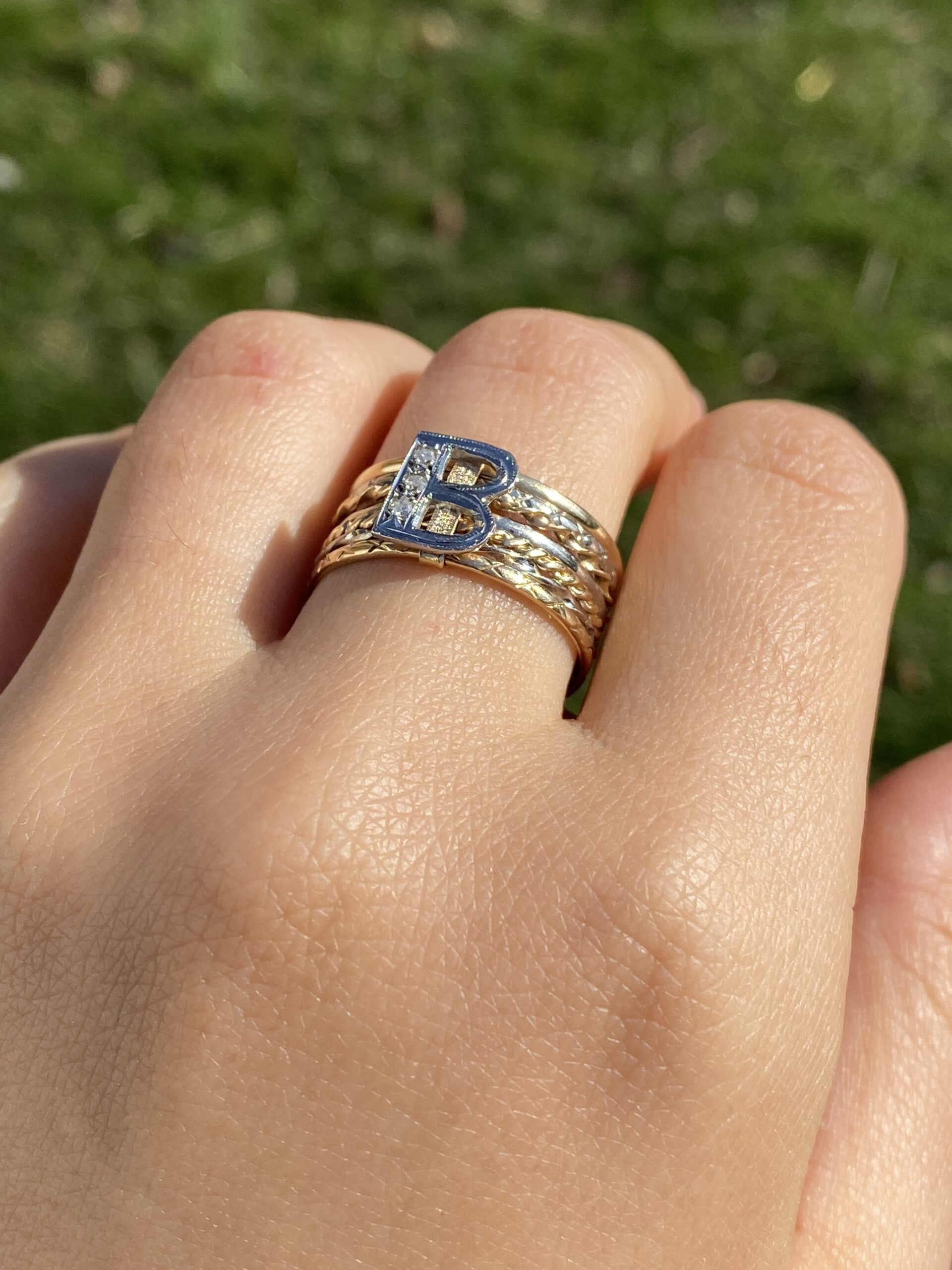 The Big B: Antique Two Tone B Ring with Natural Diamonds - Image 10