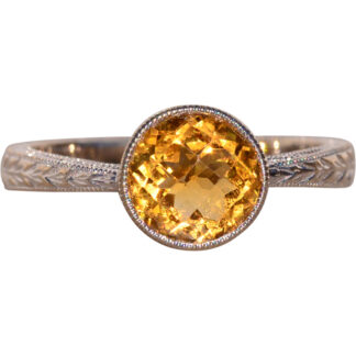 The Conigliano: Natural Citrine Ring in White Gold with Hand Engraving