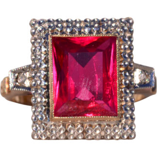 The Bulluno: Retro Era Lab Grown Ruby and Natural Diamond Ring in Yellow Gold
