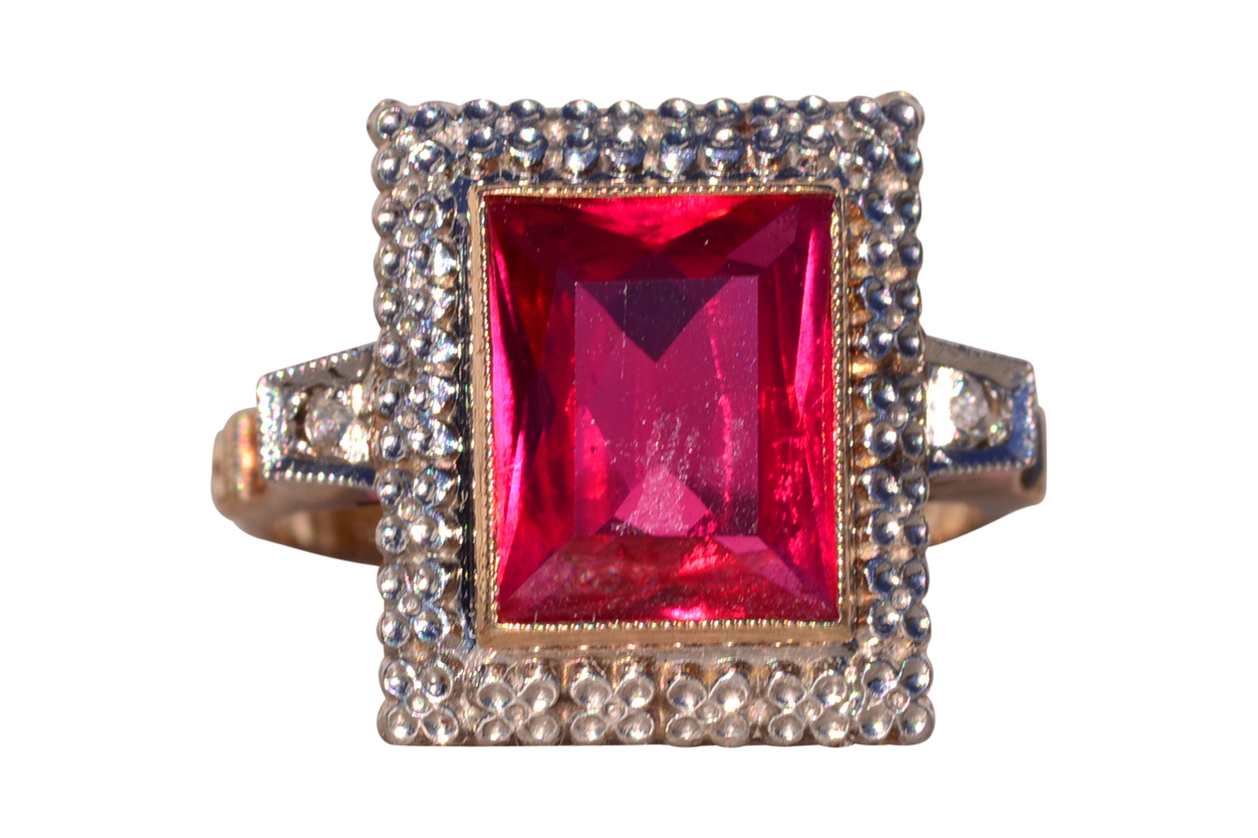 The Bulluno: Retro Era Lab Grown Ruby and Natural Diamond Ring in Yellow Gold