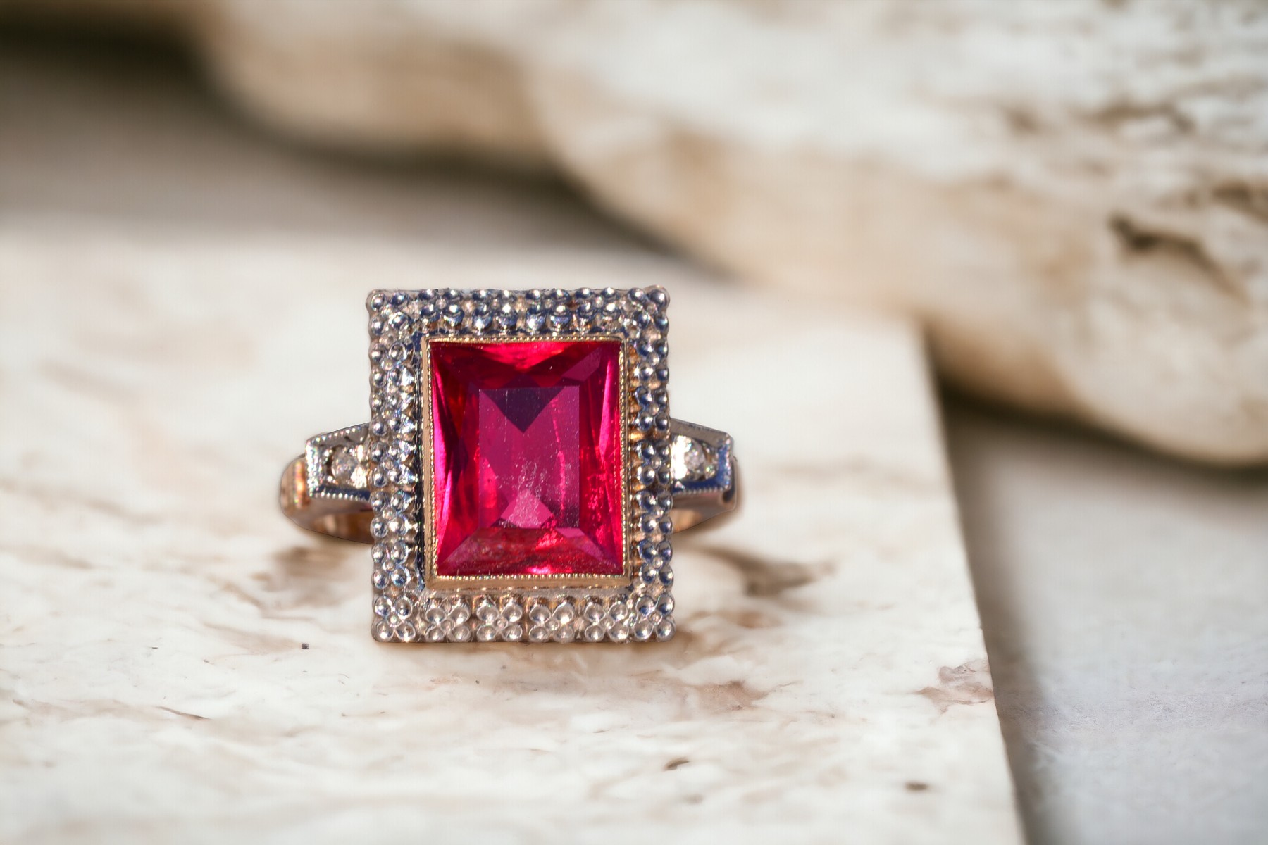 The Bulluno: Retro Era Lab Grown Ruby and Natural Diamond Ring in Yellow Gold - Image 11
