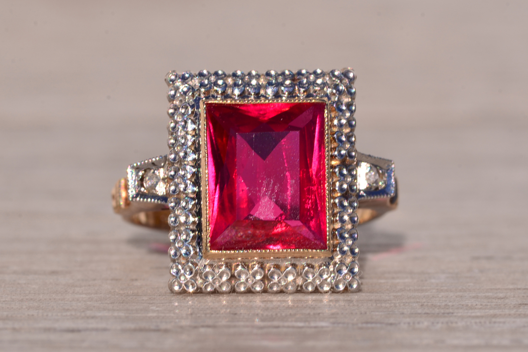 The Bulluno: Retro Era Lab Grown Ruby and Natural Diamond Ring in Yellow Gold - Image 2