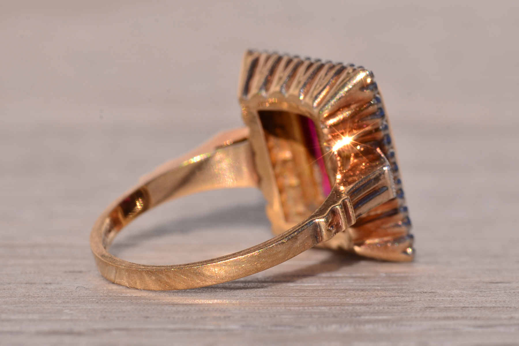 The Bulluno: Retro Era Lab Grown Ruby and Natural Diamond Ring in Yellow Gold - Image 5