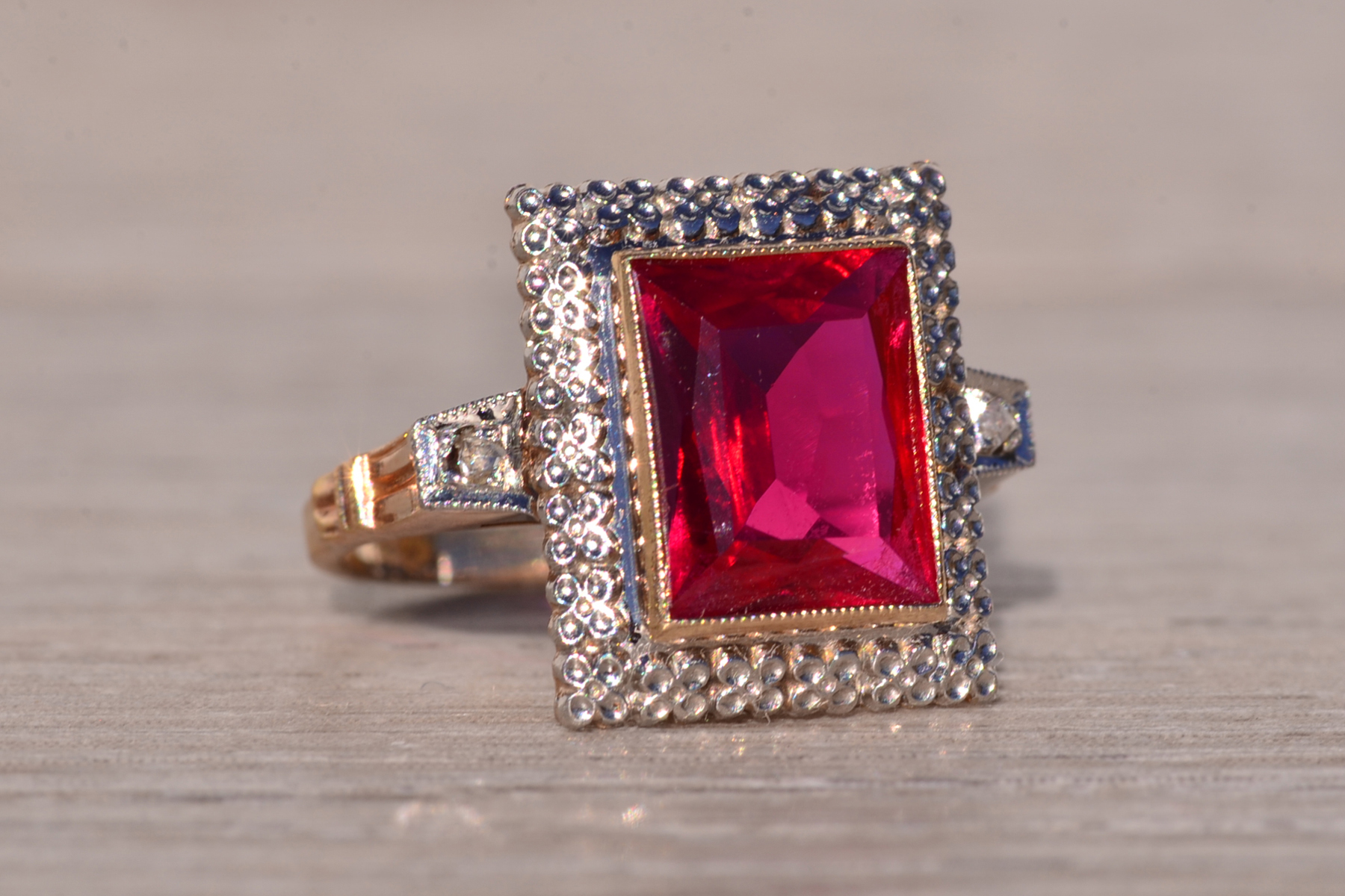The Bulluno: Retro Era Lab Grown Ruby and Natural Diamond Ring in Yellow Gold - Image 6