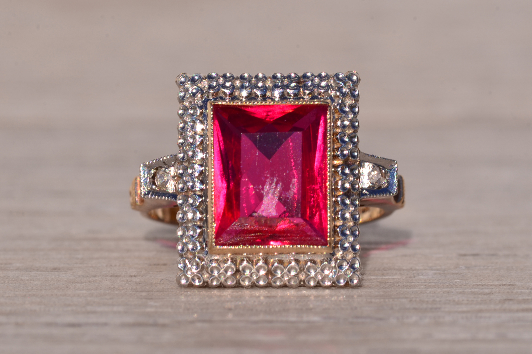 The Bulluno: Retro Era Lab Grown Ruby and Natural Diamond Ring in Yellow Gold - Image 7