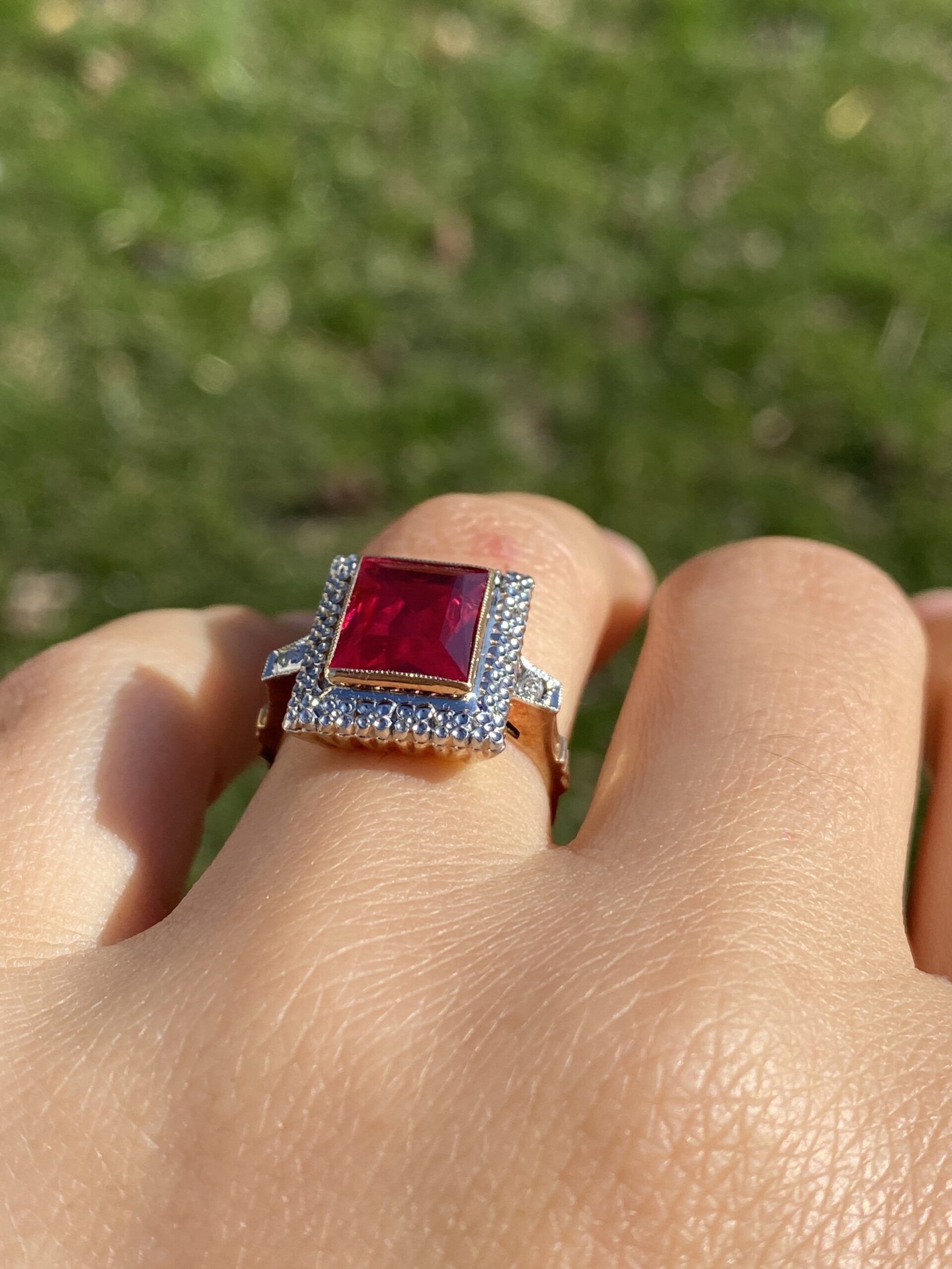 The Bulluno: Retro Era Lab Grown Ruby and Natural Diamond Ring in Yellow Gold - Image 10
