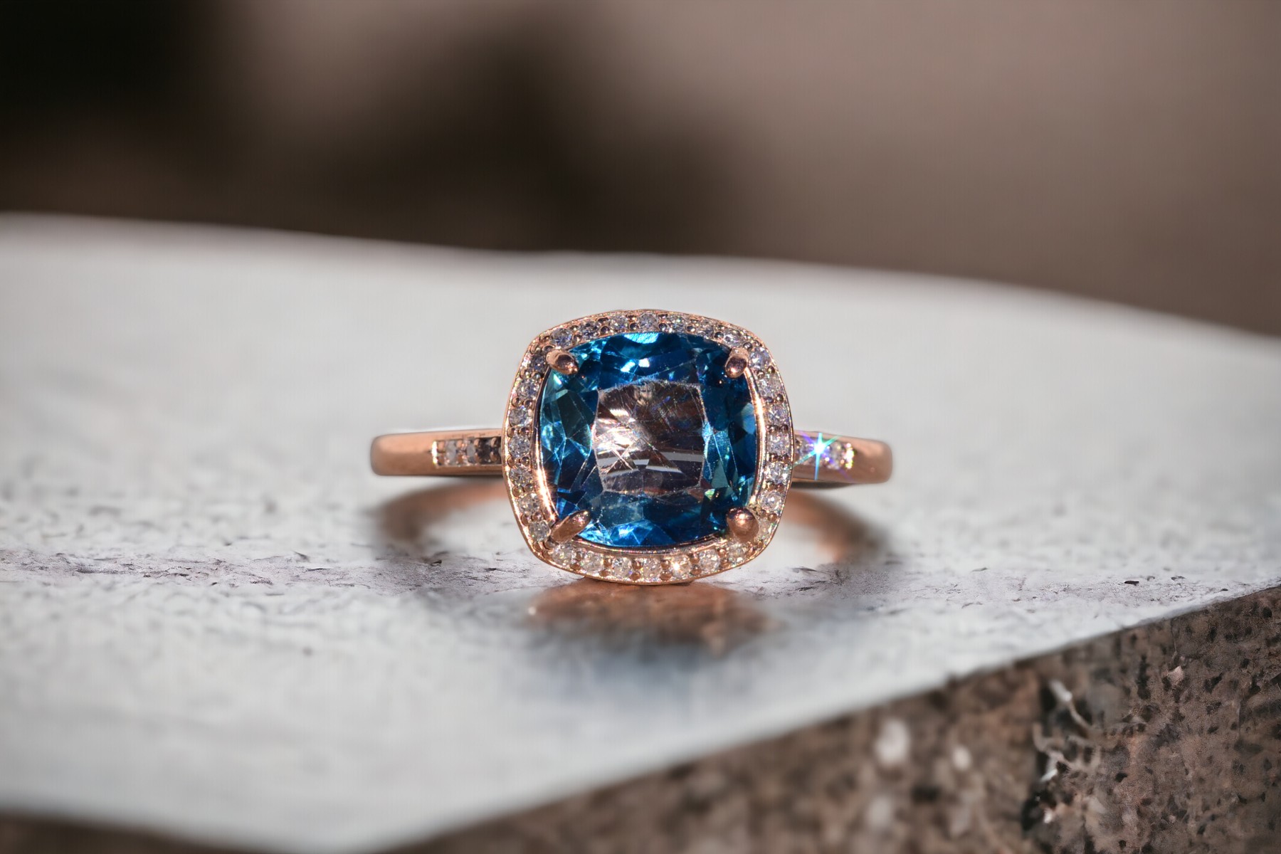 The Arqua: London Blue Topaz and Natural Diamond Ring in Rose Gold - Image 11