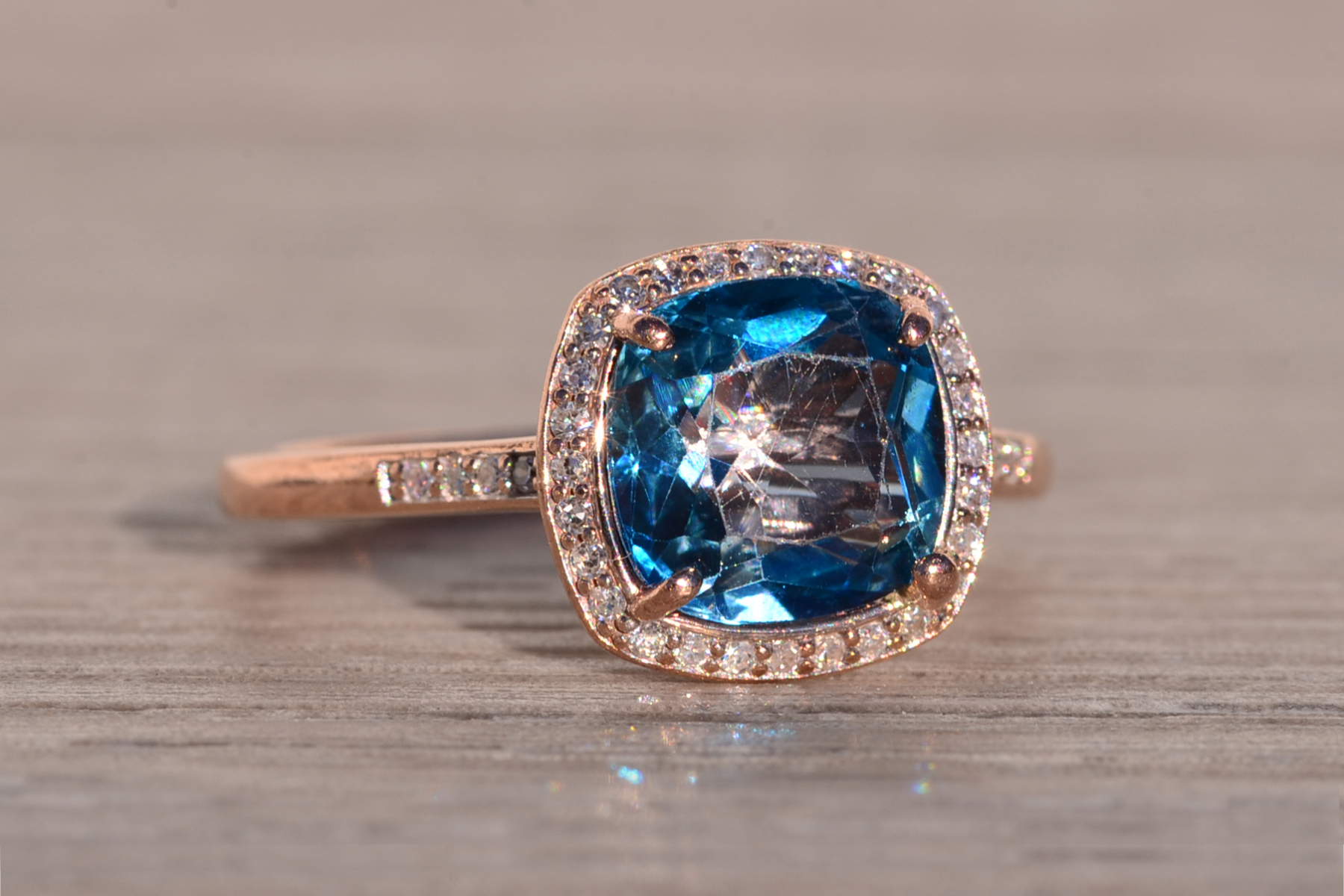 The Arqua: London Blue Topaz and Natural Diamond Ring in Rose Gold - Image 6