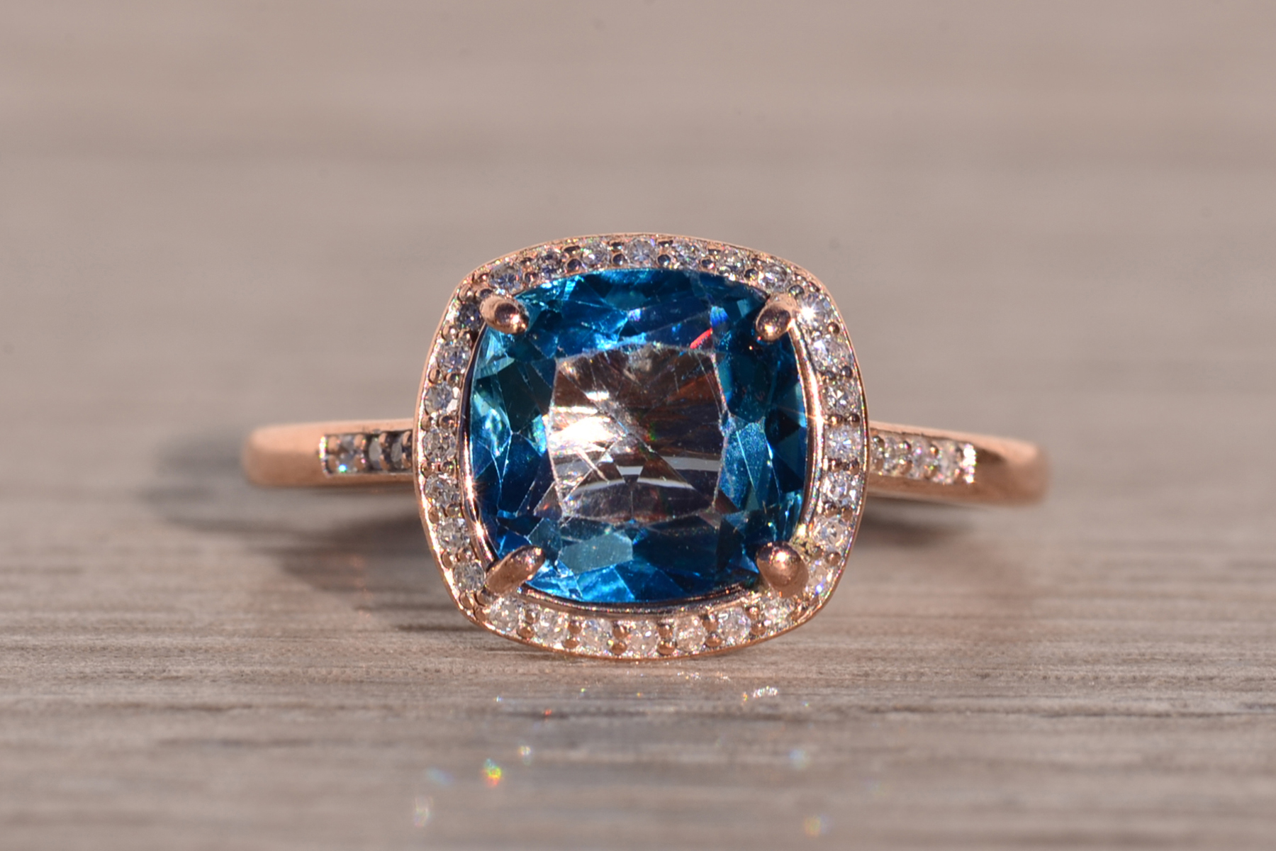 The Arqua: London Blue Topaz and Natural Diamond Ring in Rose Gold - Image 7