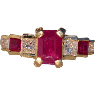 The Ostia: Emerald Cut Ruby and Natural Diamond Ring in Yellow Gold