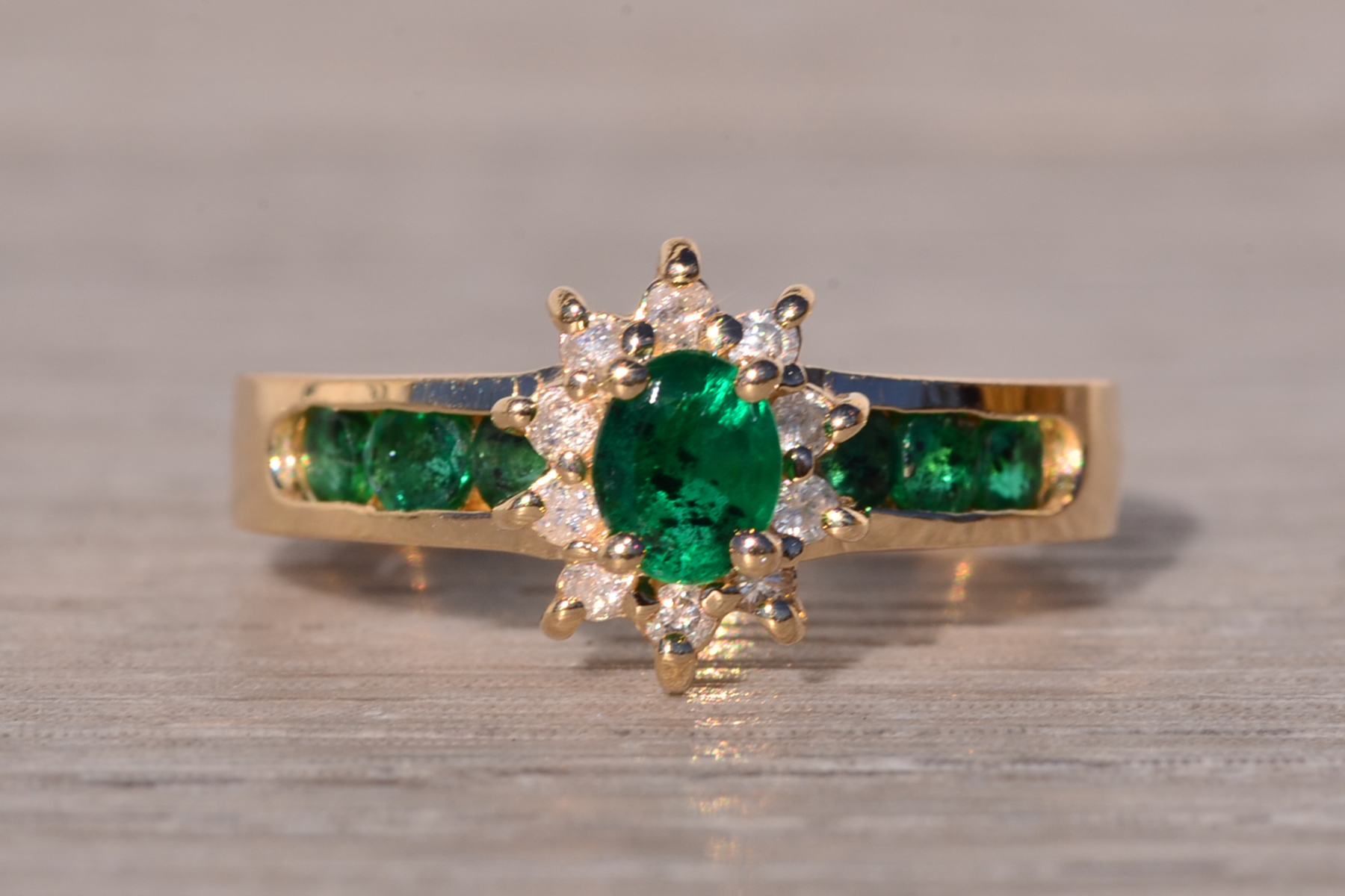 SOLD - The Equense: Vintage 1980's Natural Emerald and Diamond Ring in Yellow Gold - Image 2