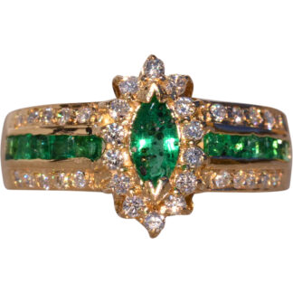 SOLD - The Bellingham: Emerald Navette and Natural Diamond Ring in Yellow Gold