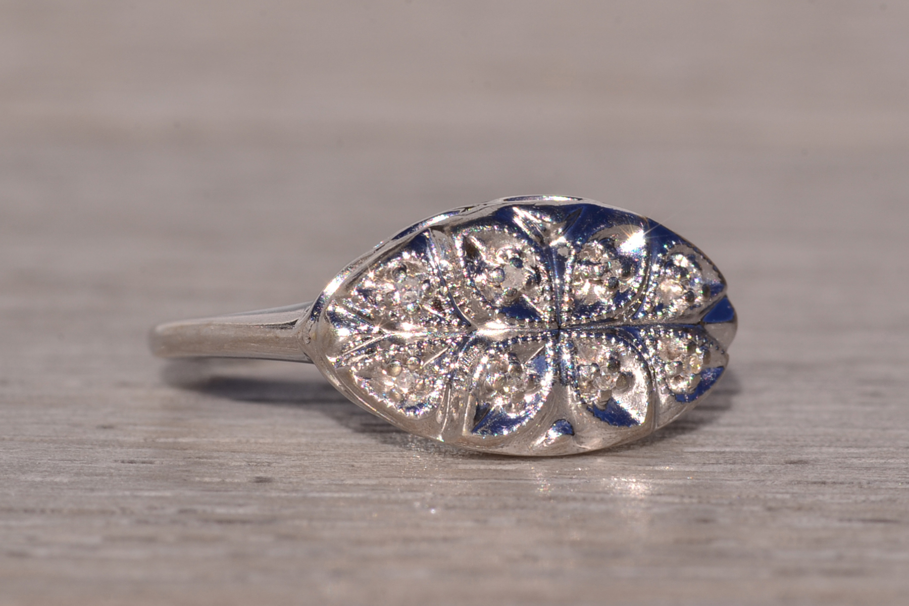 SOLD - The Foxborough: Antique White Gold Cocktail Ring with Natural Diamonds - Image 6