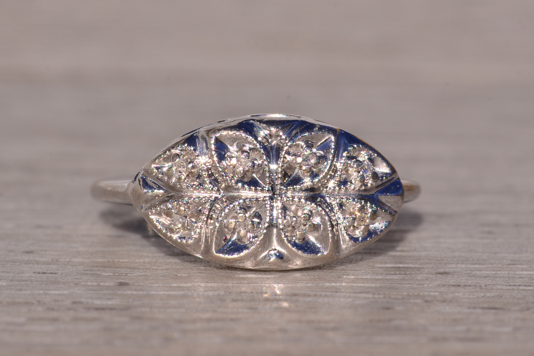 SOLD - The Foxborough: Antique White Gold Cocktail Ring with Natural Diamonds - Image 7