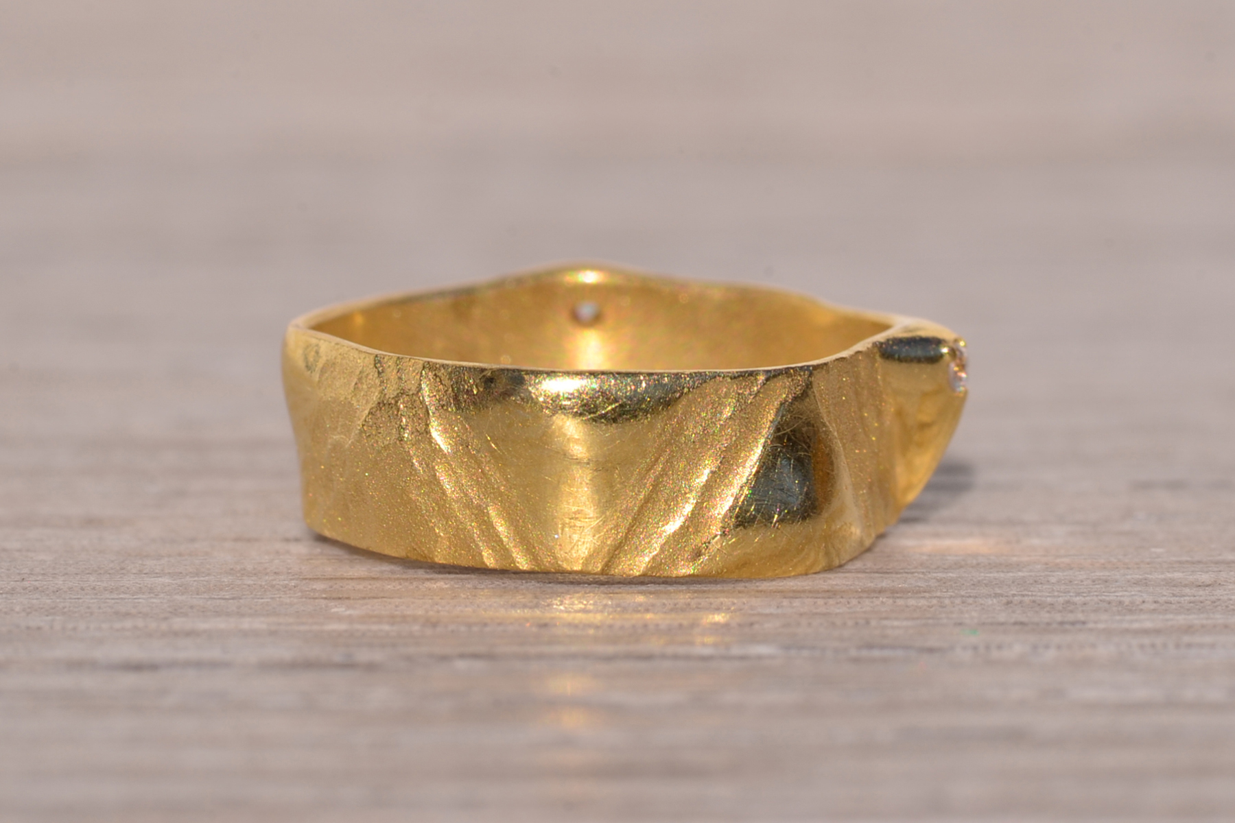 SOLD - The Rovigo: Yellow Gold Textured Ring with Natural Diamonds - Image 4