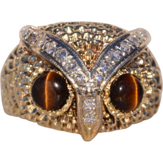 SOLD - The Hoot: Owl Ring in Yellow Gold with Natural Diamonds and Tigers Eye