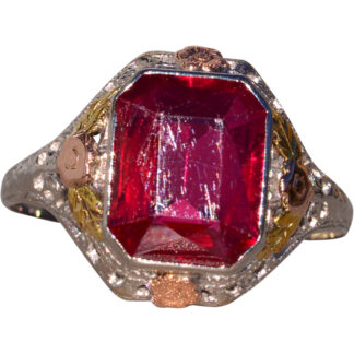 The Belmont: Art Deco Era Lab Ruby Ring in Tri Color Filigree Mounting